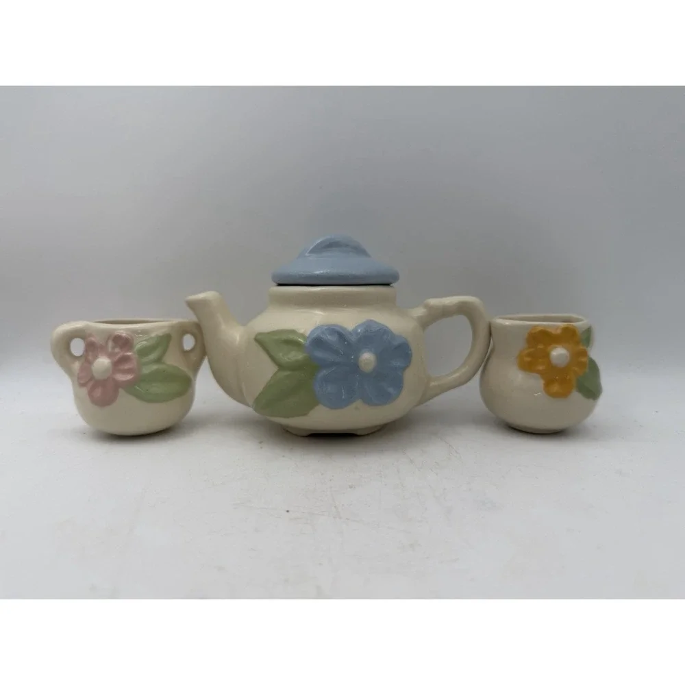 Vintage Child's Miniature Ceramic Tea Set Teapot Creamer Sugar Floral 3 Pc